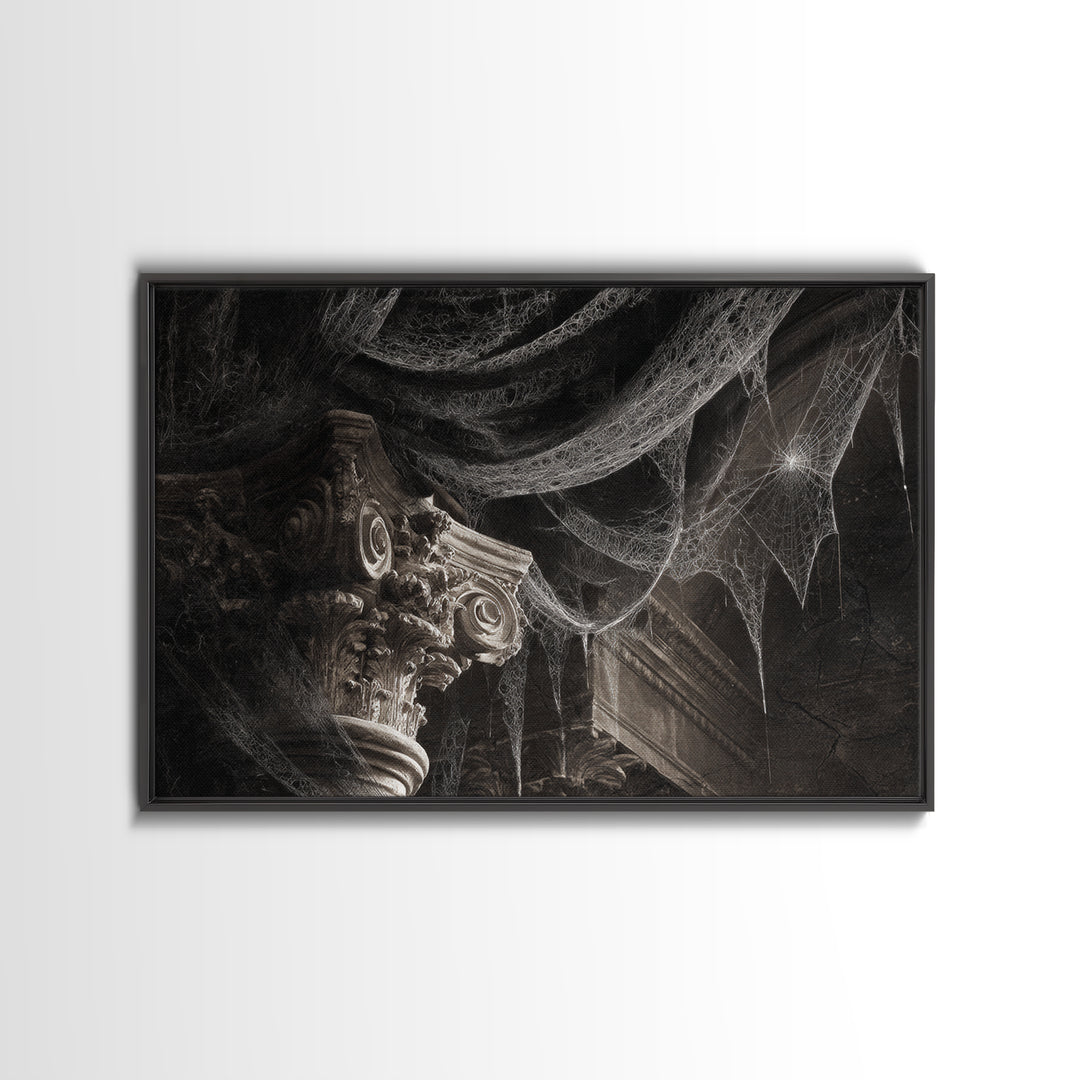 Black Lace And Cobwebs, Architectural Etching Art, Landscape Wall Art, Dark Fantasy Wall Art, Framed Canvas Print