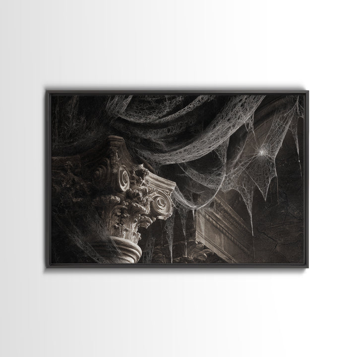Black Lace And Cobwebs, Architectural Etching Art, Landscape Wall Art, Dark Fantasy Wall Art, Framed Canvas Print