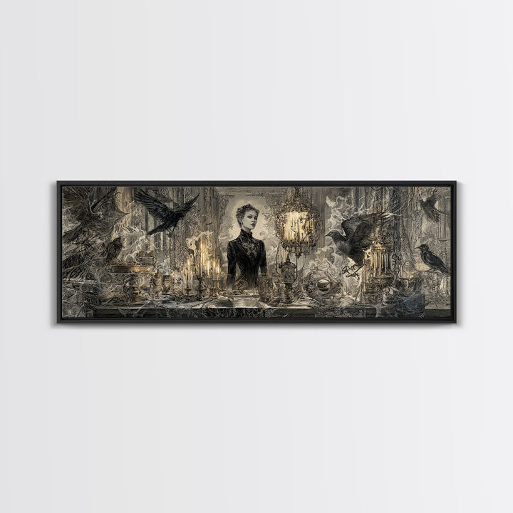Black Lace And Cobwebs, Ornate Symbolist Art, Extra Wide Wall Art, Gothic Horror Wall Art, Canvas Print, Halloween Wall Art