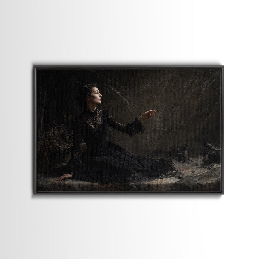 Black Lace And Cobwebs, Dark Symbolist Art, Landscape Wall Art, Gothic Horror Wall Art, Canvas Print, Halloween Wall Art