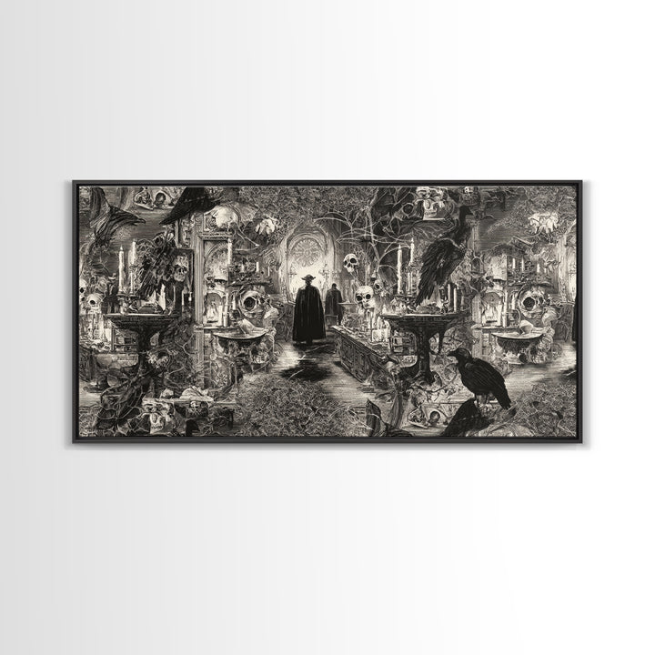 Black Lace And Cobwebs, Grotesque Carnival Art, Wide Panoramic Art, Dark Fantasy Wall Art, Framed Canvas Print, Halloween Wall Art