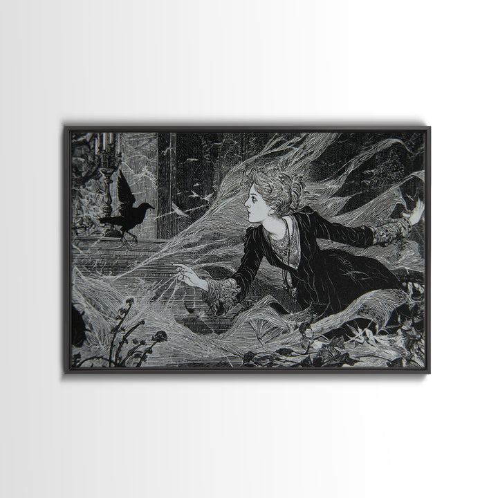 Black Lace And Cobwebs, Stained Glass Gothic Art, Landscape Wall Art, Macabre Wall Art, Framed Canvas Print, Halloween Wall Art