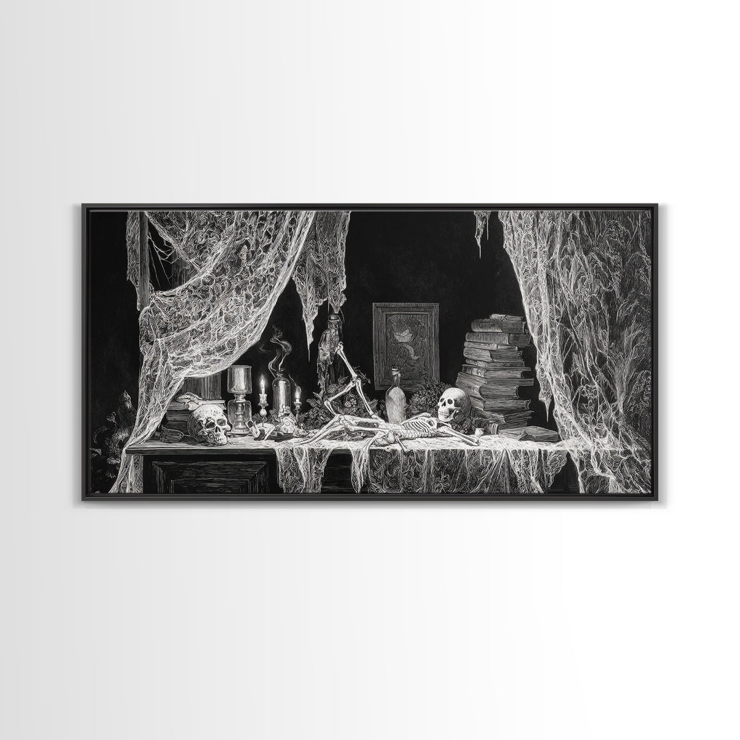 Black Lace And Cobwebs, Macabre Folk Print Art, Wide Panoramic Art, Gothic Horror Wall Art, Canvas Print, Halloween Wall Art