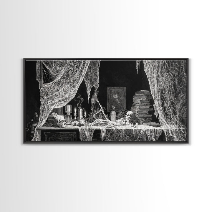Black Lace And Cobwebs, Macabre Folk Print Art, Wide Panoramic Art, Gothic Horror Wall Art, Canvas Print, Halloween Wall Art