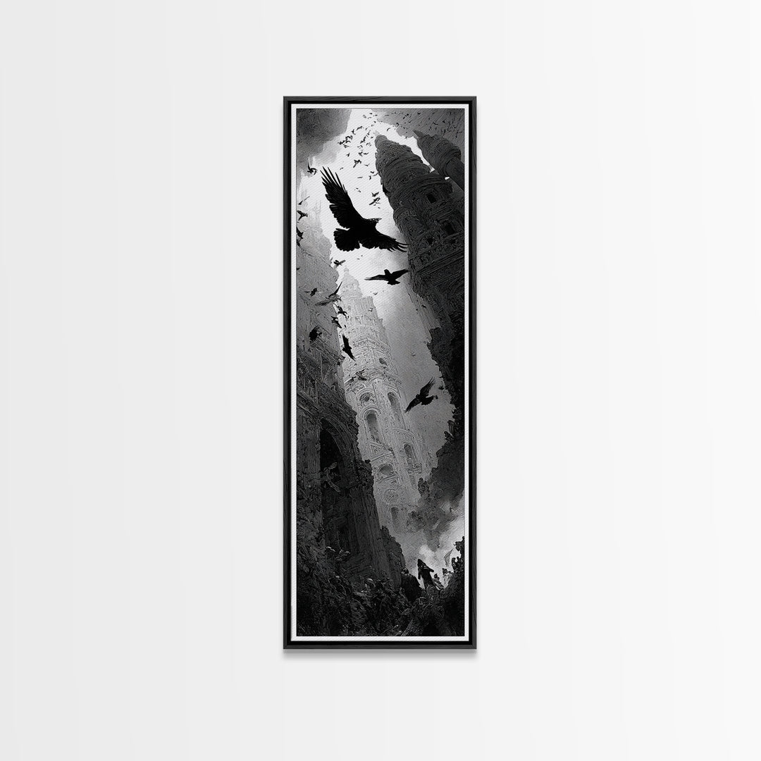 Ravens And Ruins, Gothic Engraving Art, Tall Narrow Wall Art, Macabre Wall Art, Canvas Print, Halloween Wall Art, Seasonal Home Decor