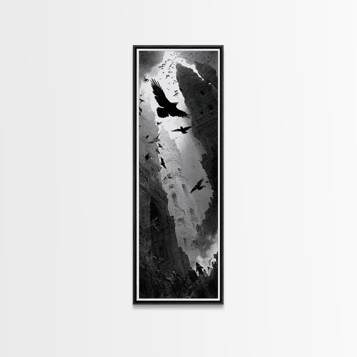 Ravens And Ruins, Gothic Engraving Art, Tall Narrow Wall Art, Macabre Wall Art, Canvas Print, Halloween Wall Art, Seasonal Home Decor