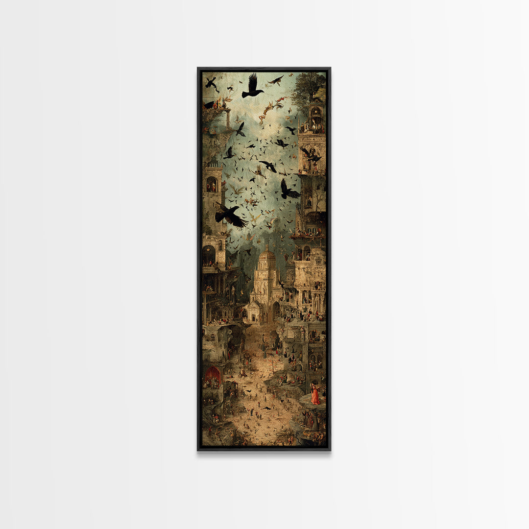 Ravens And Ruins, Medieval Grotesque Art, Tall Narrow Wall Art, Macabre Wall Art, Canvas Print, Halloween Wall Art, Halloween Decor