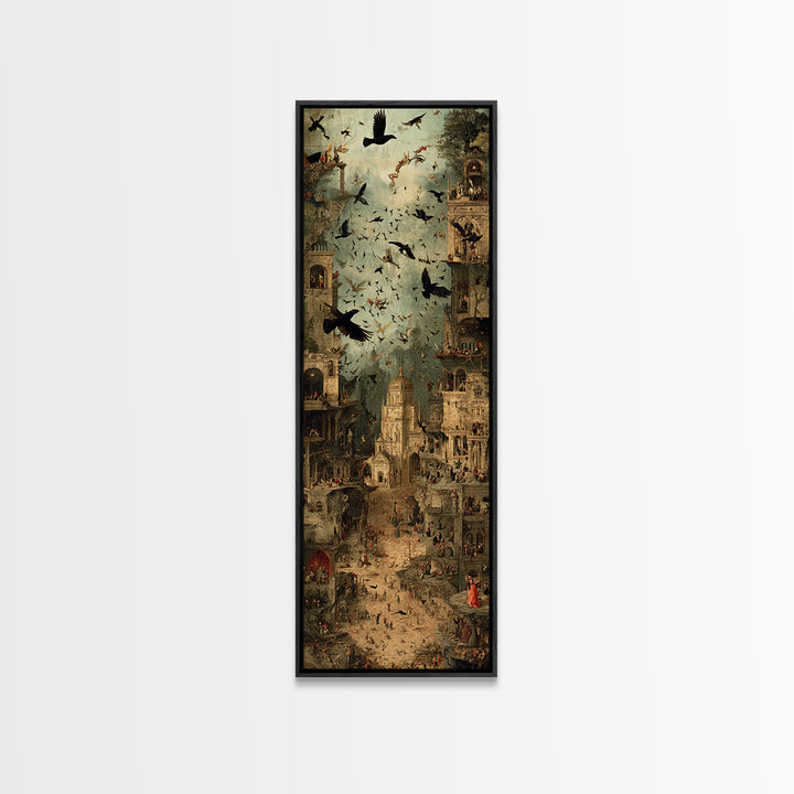 Ravens And Ruins, Medieval Grotesque Art, Tall Narrow Wall Art, Macabre Wall Art, Canvas Print, Halloween Wall Art, Halloween Decor