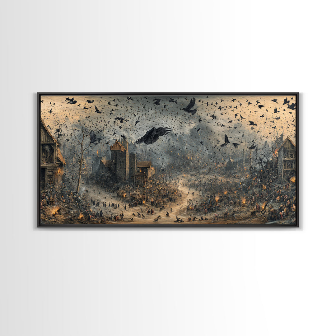 Ravens And Ruins, Northern Renaissance Horror, Wide Panoramic Art, Dark Halloween Decor, Framed Canvas Print, Halloween Wall Art