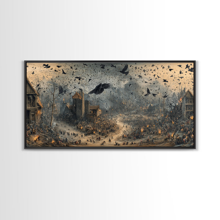 Ravens And Ruins, Northern Renaissance Horror, Wide Panoramic Art, Dark Halloween Decor, Framed Canvas Print, Halloween Wall Art