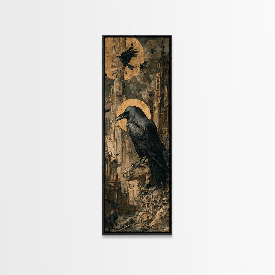 Ravens And Ruins, Dark Renaissance Art, Tall Narrow Wall Art, Gothic Horror Wall Art, Framed Canvas Print, Halloween Wall Art