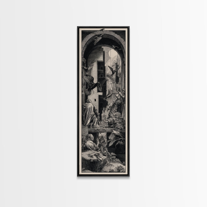 Ravens And Ruins, Renaissance Engraving Art, Tall Narrow Wall Art, Gothic Horror Wall Art, Framed Canvas Print, Halloween Wall Art