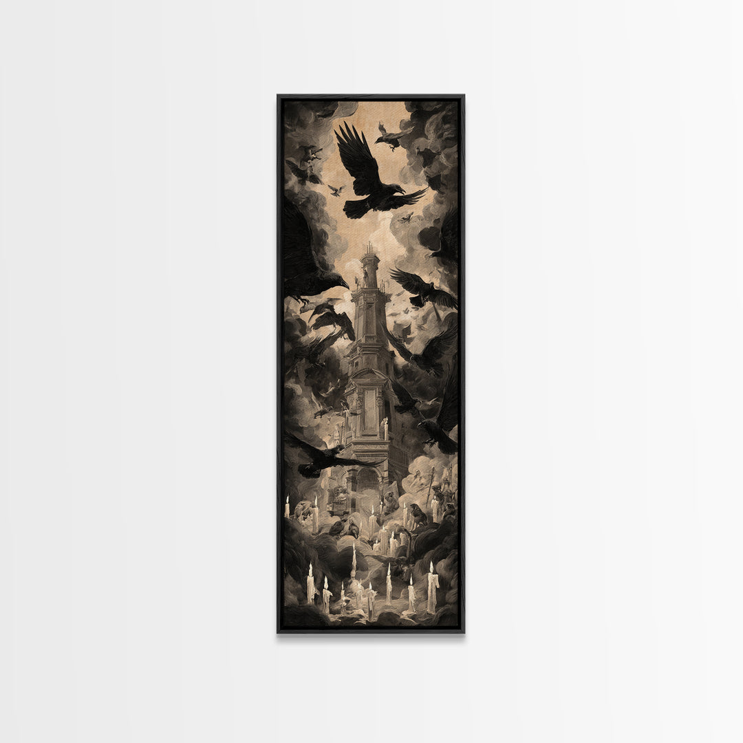 Ravens And Ruins, Gothic Nightmare Art, Tall Narrow Wall Art, Gothic Horror Wall Art, Framed Canvas Print, Halloween Wall Art