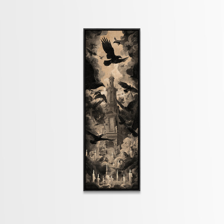 Ravens And Ruins, Gothic Nightmare Art, Tall Narrow Wall Art, Gothic Horror Wall Art, Framed Canvas Print, Halloween Wall Art