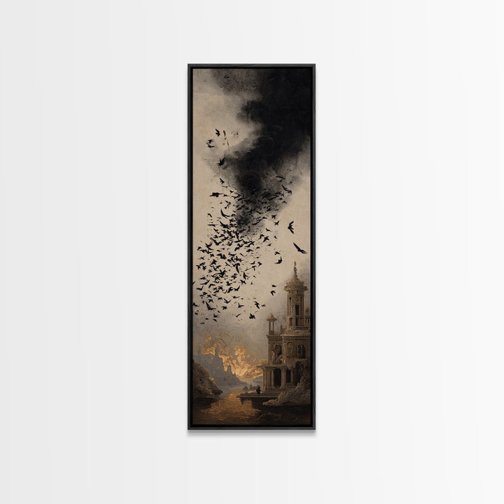 Ravens And Ruins, Apocalyptic Romantic Art, Tall Narrow Wall Art, Gothic Horror Wall Art, Framed Canvas Print, Halloween Wall Art