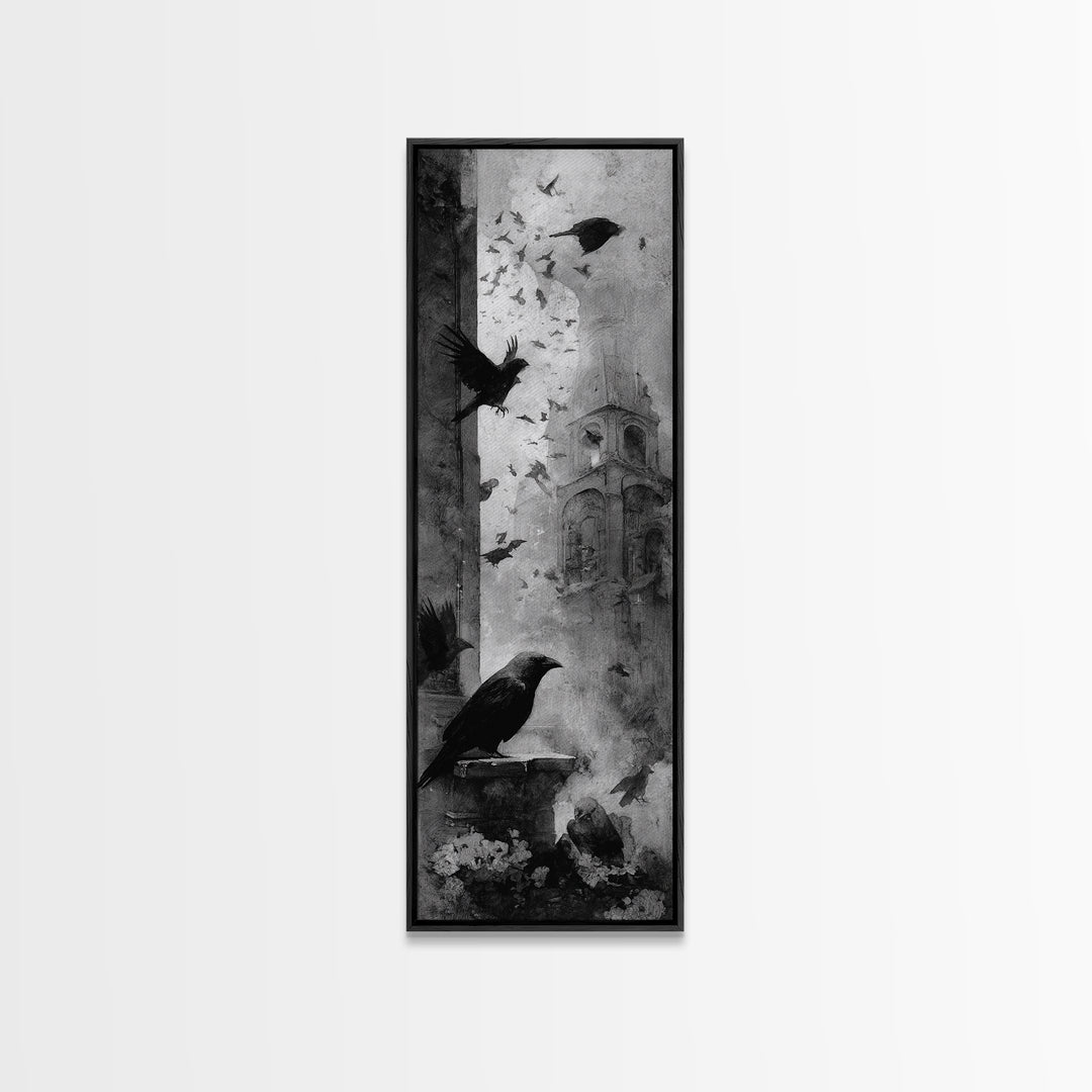 Ravens And Ruins, Symbolist Dream Art, Tall Narrow Wall Art, Dark Fantasy Wall Art, Canvas Print, Halloween Wall Art