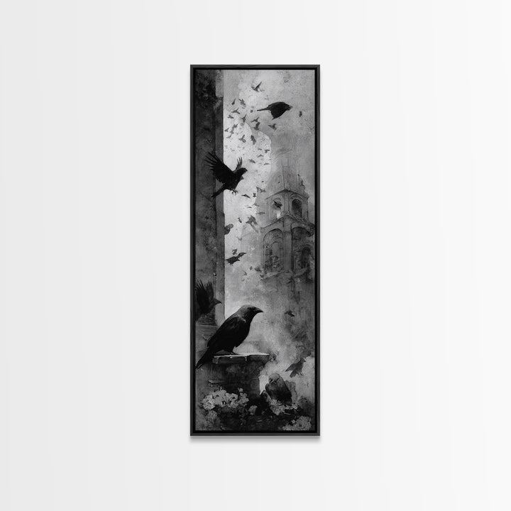 Ravens And Ruins, Symbolist Dream Art, Tall Narrow Wall Art, Dark Fantasy Wall Art, Canvas Print, Halloween Wall Art