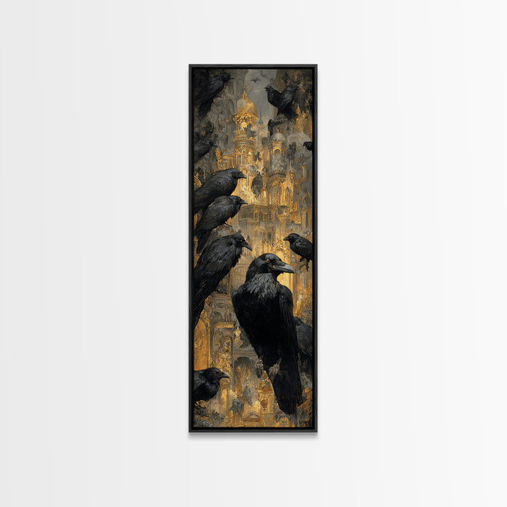Ravens And Ruins, Ornate Symbolist Art, Tall Narrow Wall Art, Dark Fantasy Wall Art, Framed Canvas Print, Halloween Wall Art