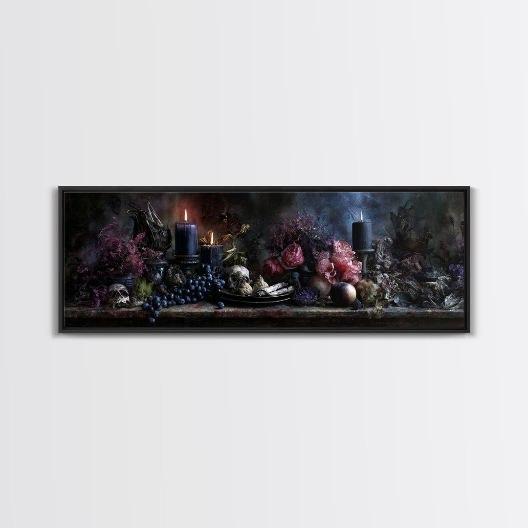 Witchy Still Life of Herbs Candles and Canvas Print, Dark Art, Textured Painting, Living Room Decor, Fine Art, Nocturne, DAR-3x1-48