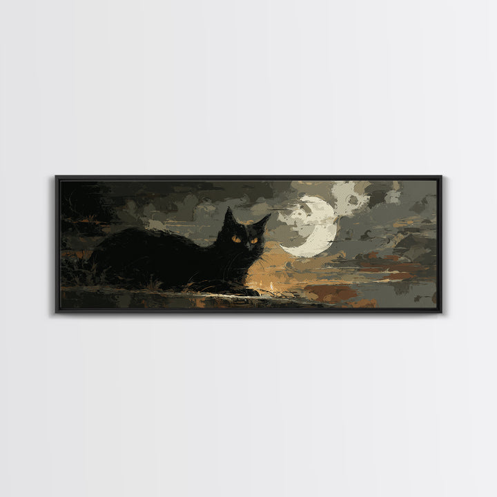 Black Cat with Glowing Eyes under Crescent Canvas Print, Dark Art, Halloween Decoration, Living Room Decor, Abstract Art, DAR-3x1-49