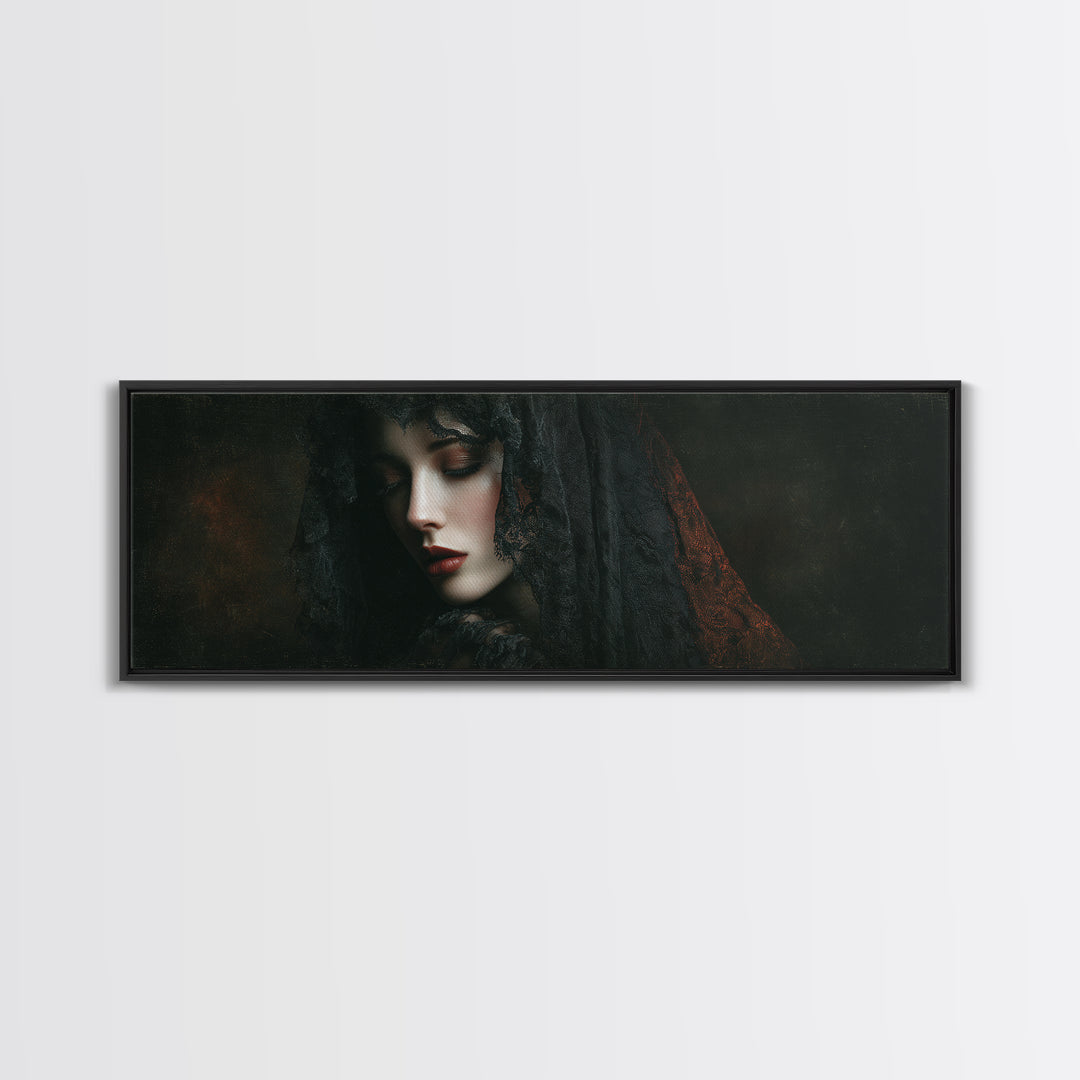Vampire Inspired Portrait with Pale Dramatic Light Framed Canvas Print, Dark Art, Goth Decor, Living Room Decor, Nocturne, DAR-3x1-5