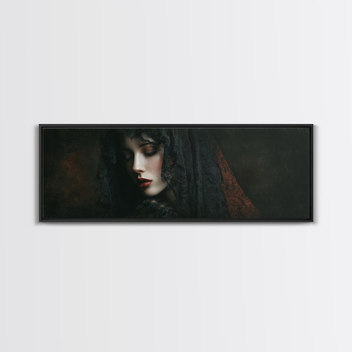 Vampire Inspired Portrait with Pale Dramatic Light Framed Canvas Print, Dark Art, Goth Decor, Living Room Decor, Nocturne, DAR-3x1-5