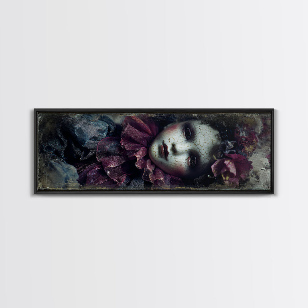 Cracked Porcelain Doll Portrait Framed Canvas Print, Dark Art, Contemporary Art, Living Room Decor, Fine Art, Nocturne, DAR-3x1-63