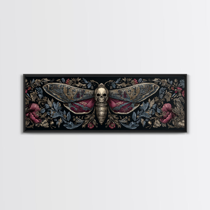 Moth with Skull Pattern on Black Ground Framed Canvas Print, Dark Art, Statement Artwork, Living Room Decor, Fine Art, Nocturne, DAR-3x1-7