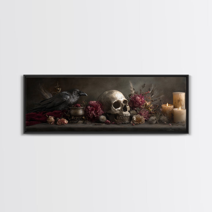 Baroque Skull and Red Velvet Vanitas Framed Canvas Print, Dark Art, Gothic Art, Living Room Decor, Oil Painting, Nocturne, DAR-3x1-74
