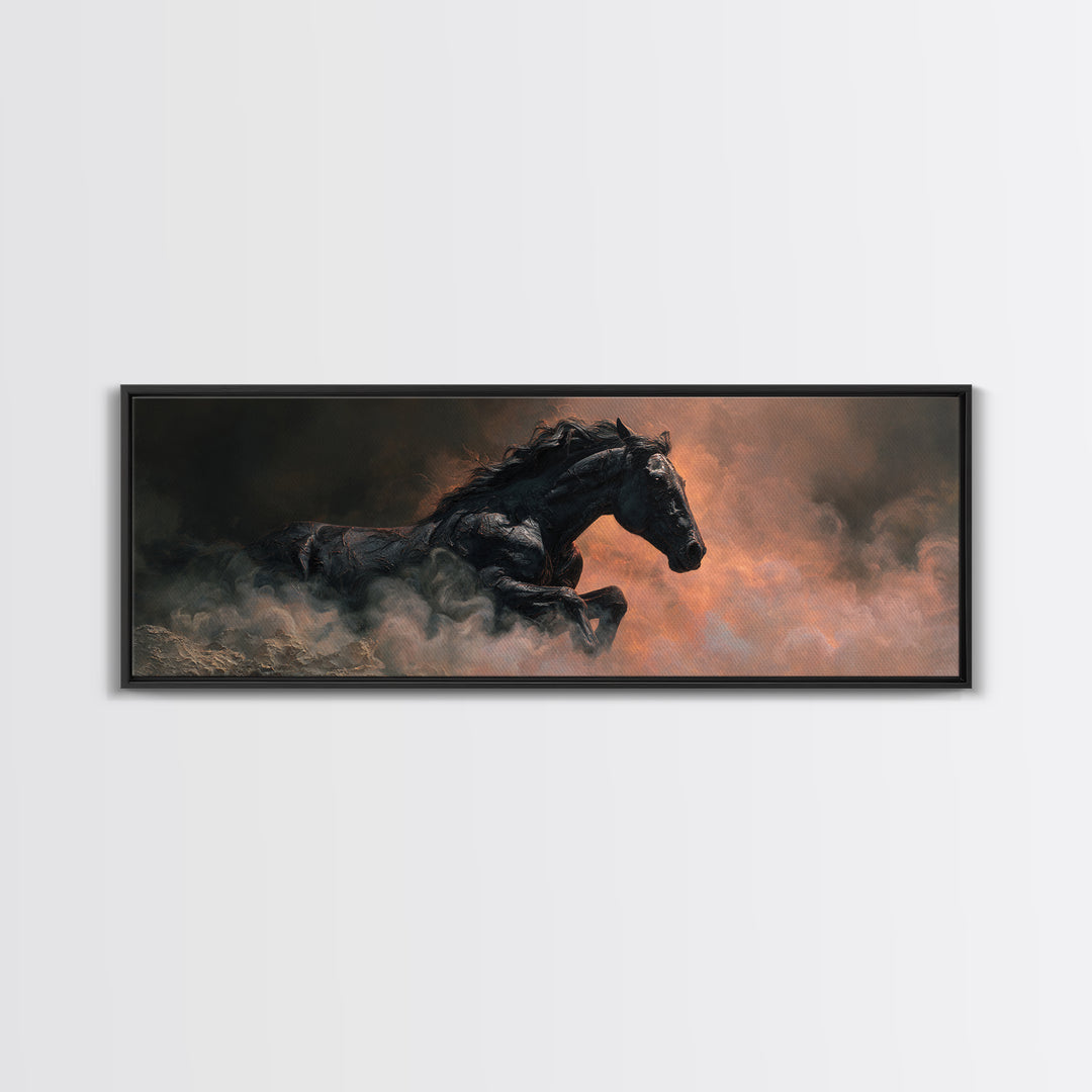 Black Horse Emerging from Smoke Canvas Print, Dark Art, Dark Academia, Living Room Decor, Fine Art, Nocturne, Horror Decor, DAR-3x1-83