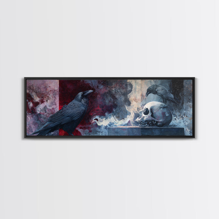 Raven Perched on a Skull Framed Canvas Print, Dark Art, Boho Decor, Living Room Decor, Oil Painting, Nocturne, Art Print, DAR-3x1-89