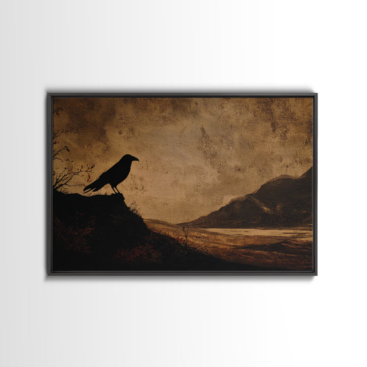 Haunted Mansion Silhouette on Distant Hill Framed Canvas Print, Dark Art, Gothic Wall Art, Living Room Decor, Nocturne, DAR-3x2-10