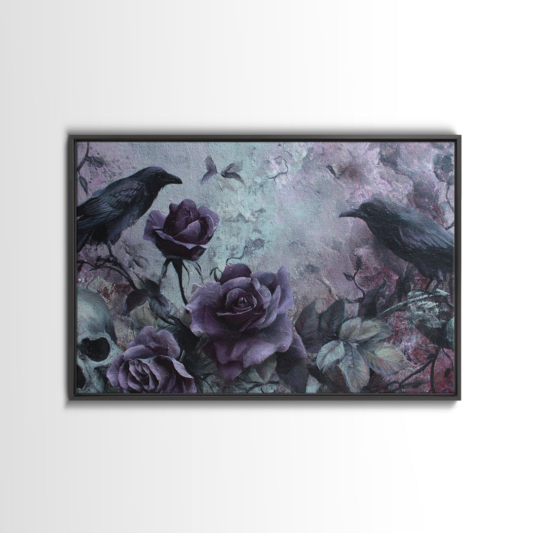 Black Roses Blooming from Cracked Stone Canvas Print, Dark Art, Horror Decor, Living Room Decor, Nocturne, Statement Artwork, DAR-3x2-30