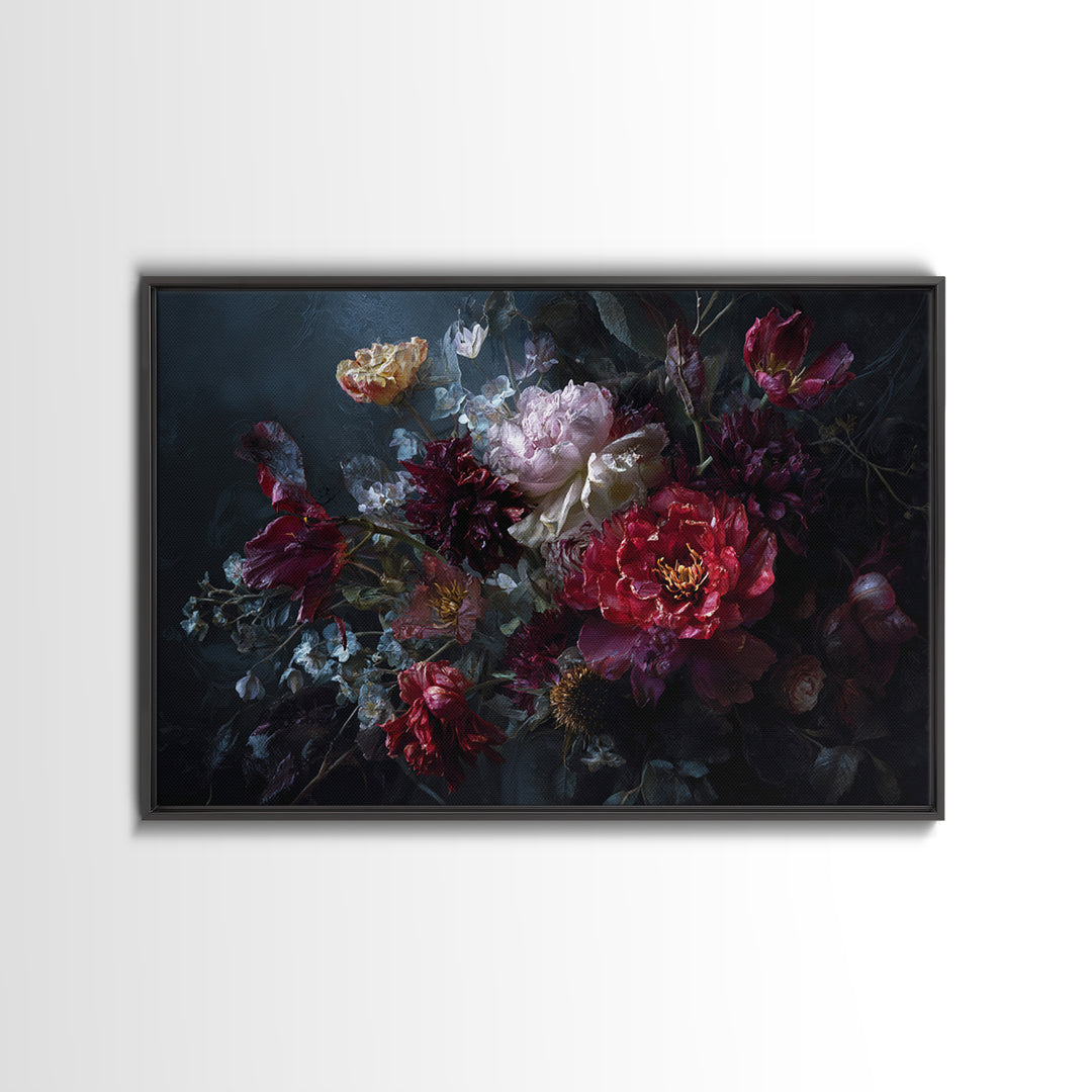 Dark Floral Bouquet Framed Canvas Print, Dark Art, Gallery Decor, Living Room Decor, Fine Art, Nocturne, Wall Art, Home Decor, DAR-3x2-45