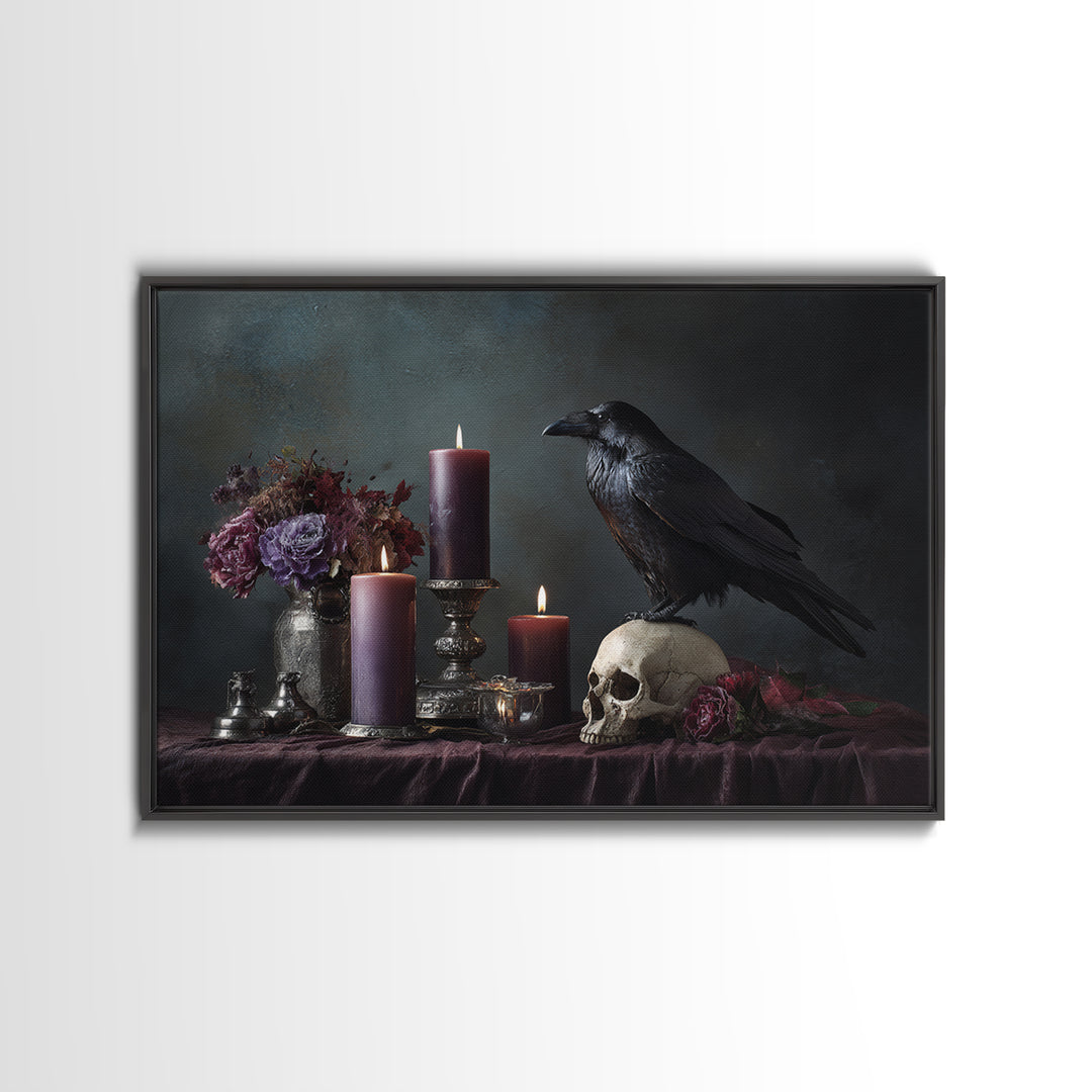 Raven Perched on a Skull Framed Canvas Print, Dark Art, Weird Art, Living Room Decor, Fine Art, Nocturne, Textured Painting, DAR-3x2-5