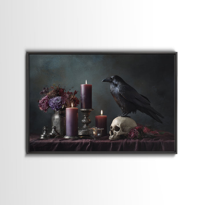 Raven Perched on a Skull Framed Canvas Print, Dark Art, Weird Art, Living Room Decor, Fine Art, Nocturne, Textured Painting, DAR-3x2-5