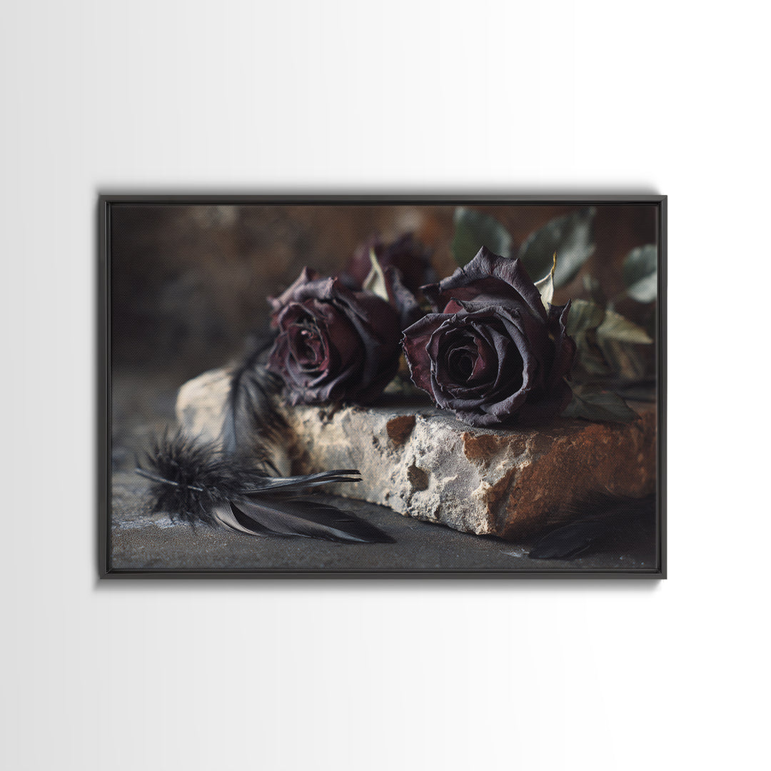 Black Roses Blooming from Cracked Stone Framed Canvas Print, Dark Art, Watercolor Painting, Living Room Decor, Nocturne, DAR-3x2-6