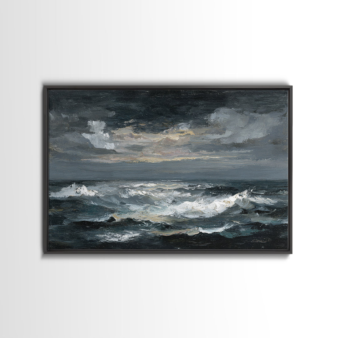 Stormy Sea under a Nearly Black Sky Framed Canvas Print, Dark Art, Fine Art Print, Living Room Decor, Fine Art, Nocturne, DAR-3x2-81