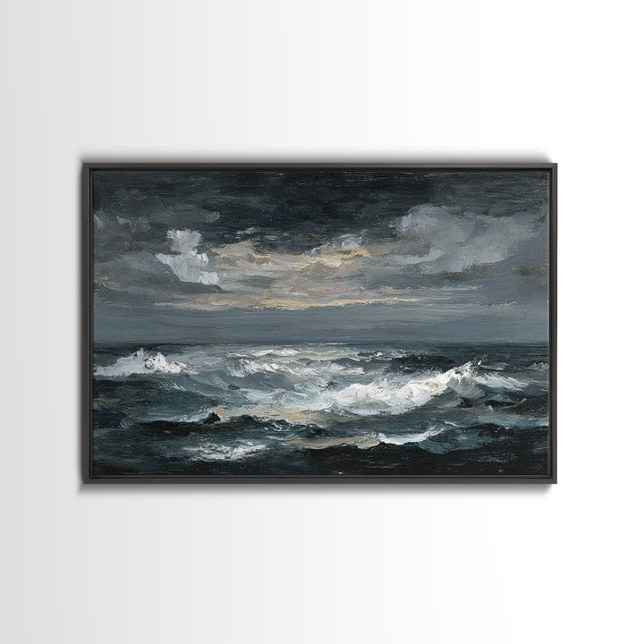 Stormy Sea under a Nearly Black Sky Framed Canvas Print, Dark Art, Fine Art Print, Living Room Decor, Fine Art, Nocturne, DAR-3x2-81