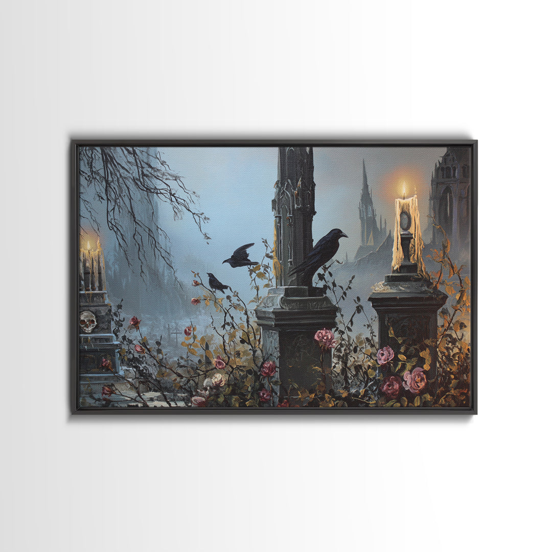 Silent Graveyard with Blue Moon Haze Canvas Print, Dark Art, Halloween Decoration, Living Room Decor, Abstract Art, Nocturne, DAR-3x2-94