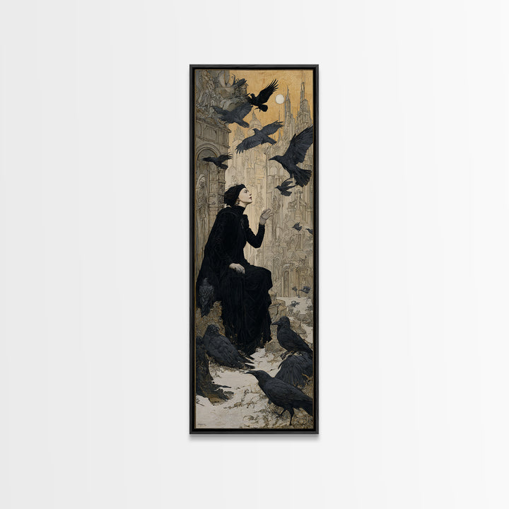 Ravens And Ruins, Symbolist Death Art, Tall Narrow Wall Art, Dark Halloween Decor, Canvas Print, Halloween Wall Art