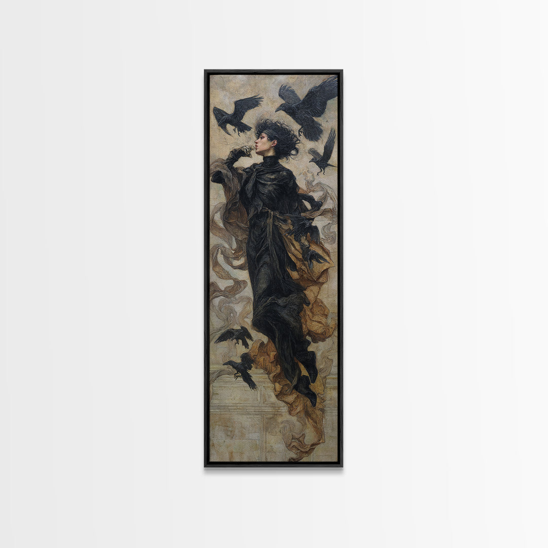 Ravens And Ruins, Dark Symbolist Art, Tall Narrow Wall Art, Dark Fantasy Wall Art, Framed Canvas Print, Halloween Wall Art