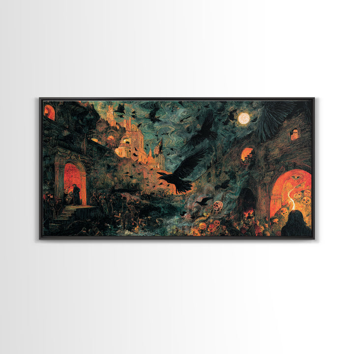 Ravens And Ruins, Grotesque Carnival Art, Wide Panoramic Art, Gothic Horror Wall Art, Framed Canvas Print, Halloween Wall Art
