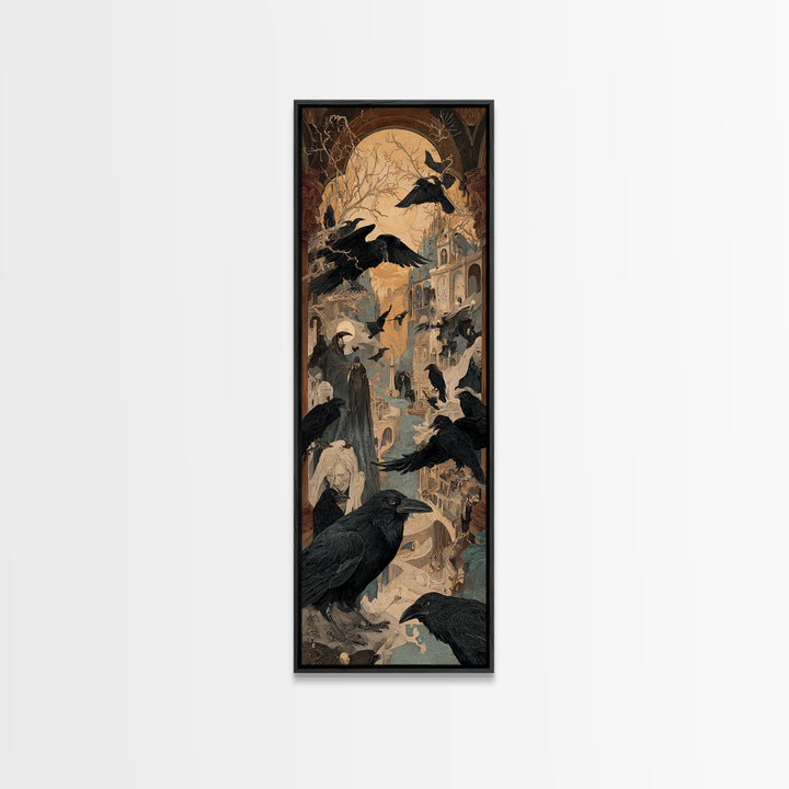 Ravens And Ruins, Expressionist Gothic Art, Tall Narrow Wall Art, Dark Halloween Decor, Framed Canvas Print, Halloween Wall Art