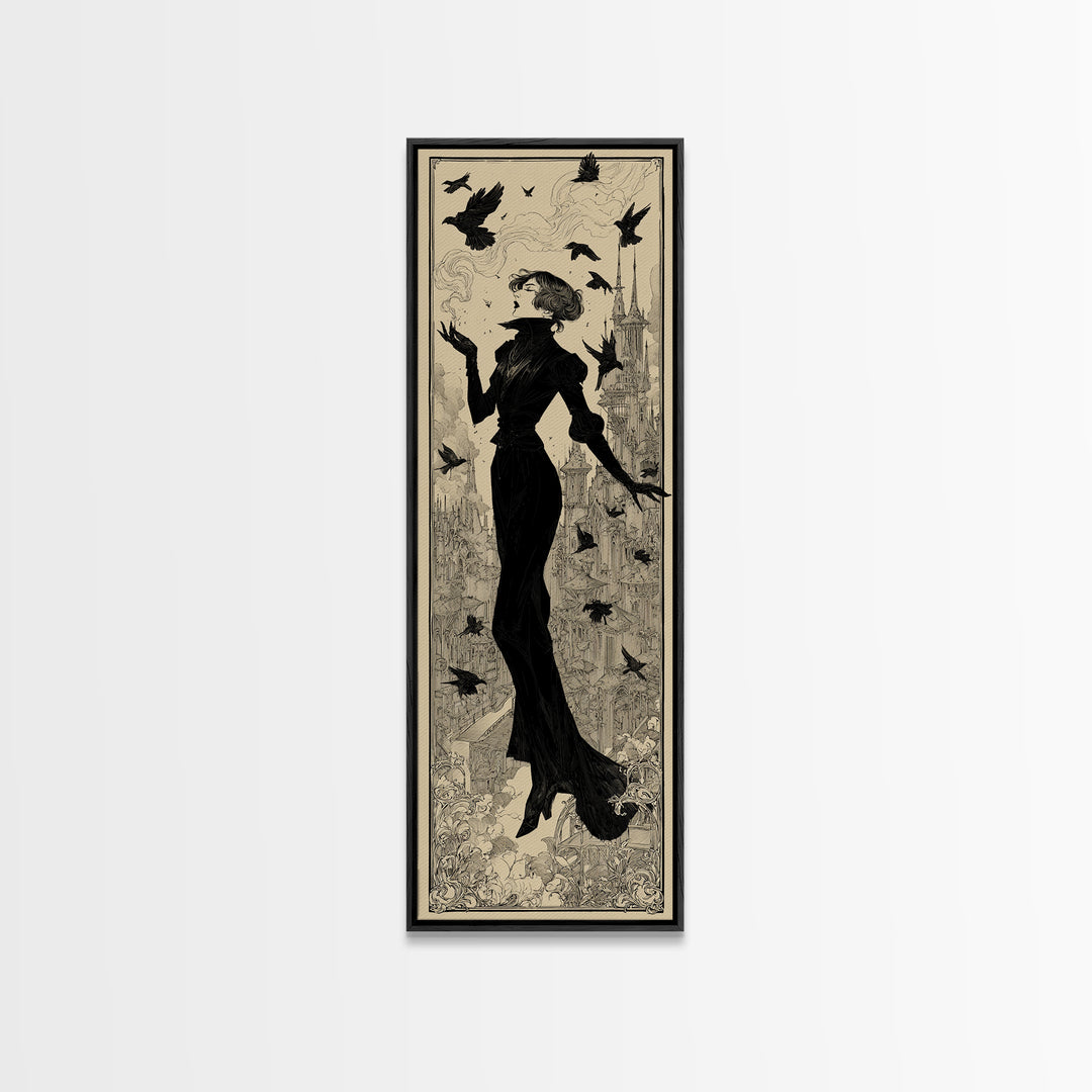Ravens And Ruins, Decadent Line Art, Tall Narrow Wall Art, Dark Fantasy Wall Art, Framed Canvas Print, Halloween Wall Art