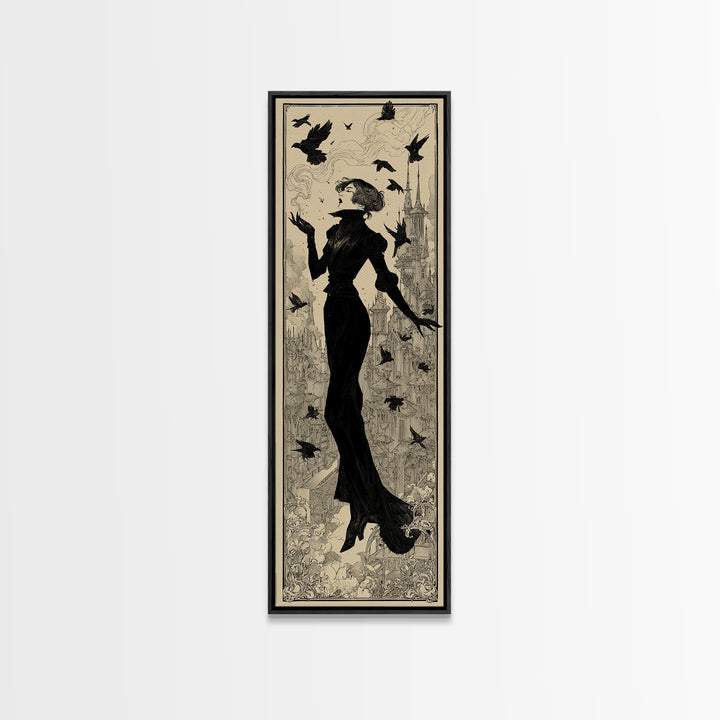 Ravens And Ruins, Decadent Line Art, Tall Narrow Wall Art, Dark Fantasy Wall Art, Framed Canvas Print, Halloween Wall Art