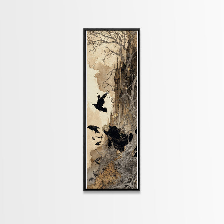 Ravens And Ruins, Gothic Storybook Art, Tall Narrow Wall Art, Gothic Horror Wall Art, Canvas Print, Halloween Wall Art