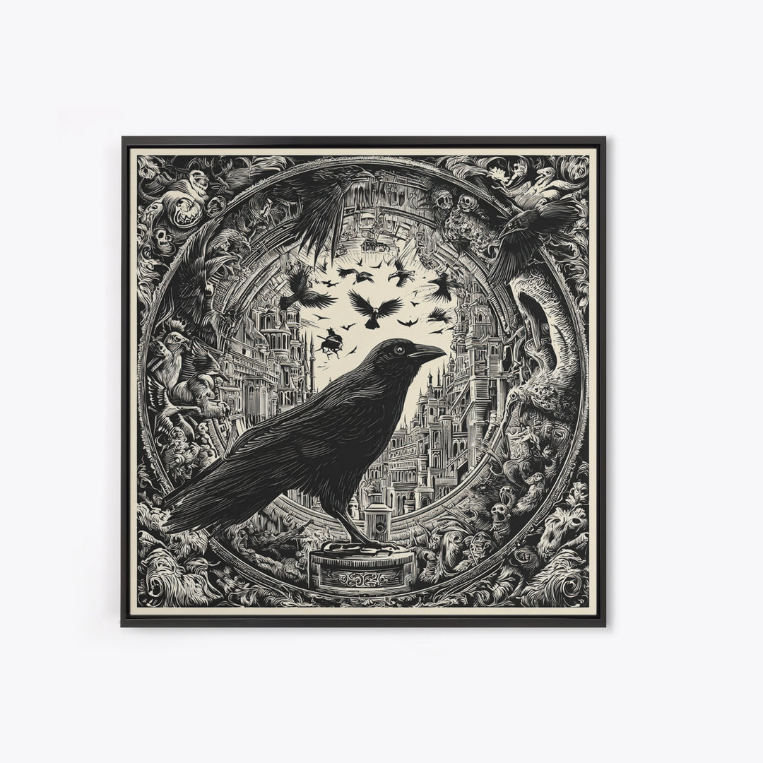 Ravens And Ruins, Macabre Folk Print Art, Square Wall Art, Dark Fantasy Wall Art, Canvas Print, Halloween Wall Art