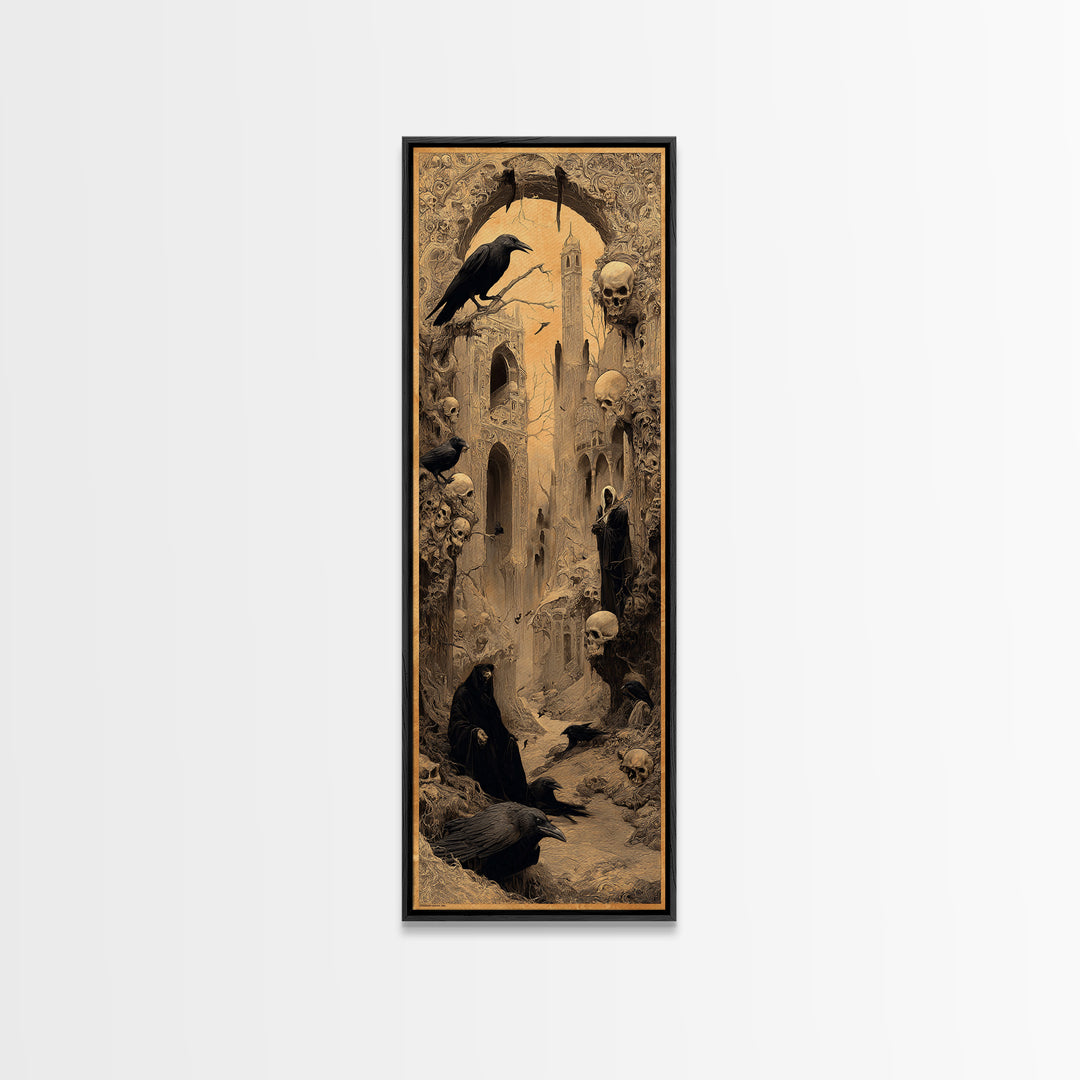 Ravens And Ruins, Surreal Apocalyptic Art, Tall Narrow Wall Art, Dark Halloween Decor, Canvas Print, Halloween Wall Art