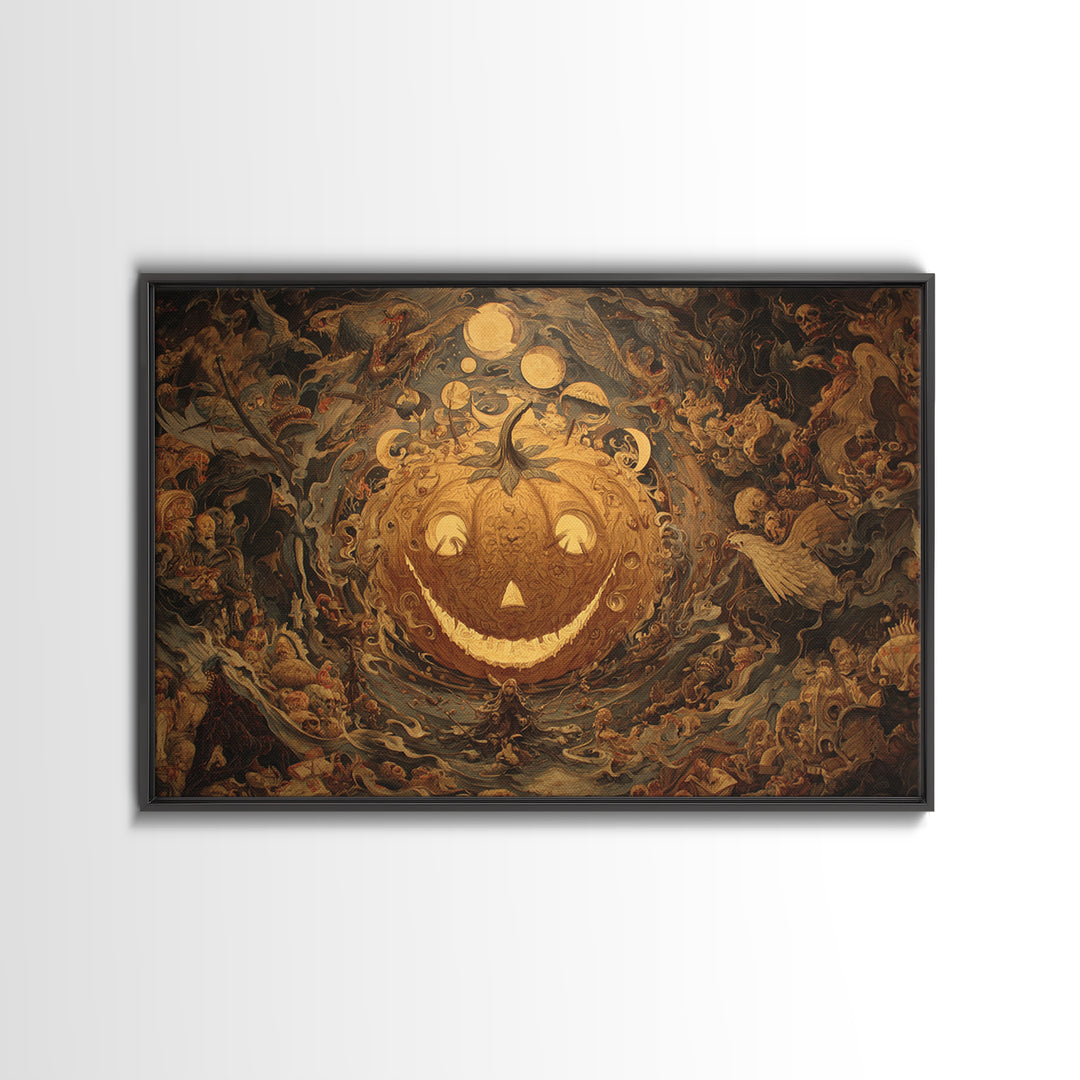 Pumpkins And Moon Phases, Medieval Grotesque Art, Landscape Wall Art, Macabre Wall Art, Framed Canvas Print, Halloween Wall Art